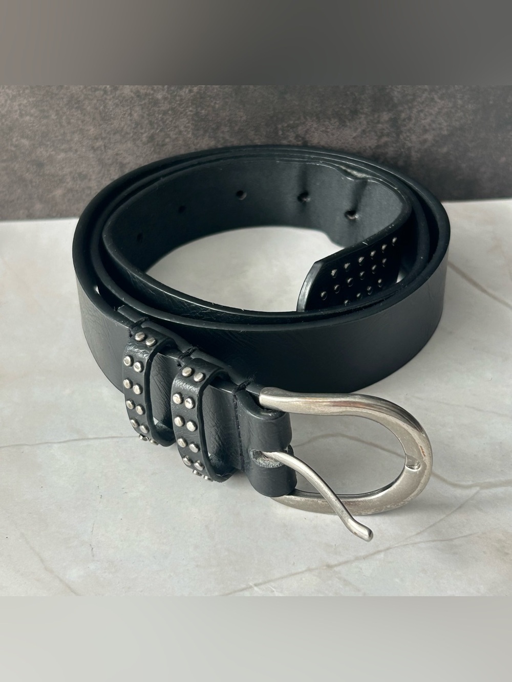 Black Leather Studded Belt with Silver Buckle